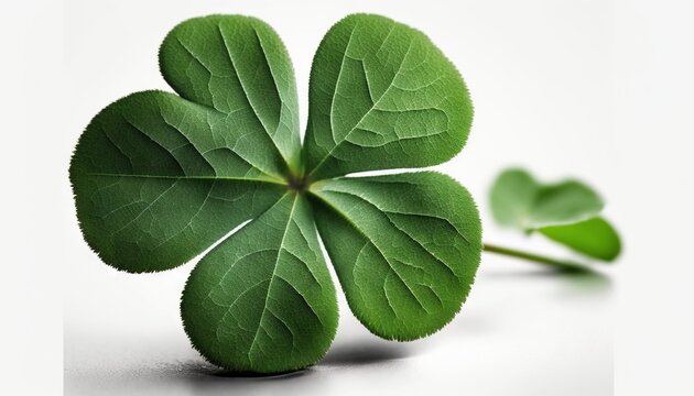 a four leaf clover on a white background with a reflection of the leaves on the floor and the top of the image in the center.  generative ai