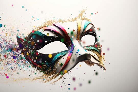 Carnival mask with confetti isolated on white background. Masquerade one mask template for carnival. Generative ai 