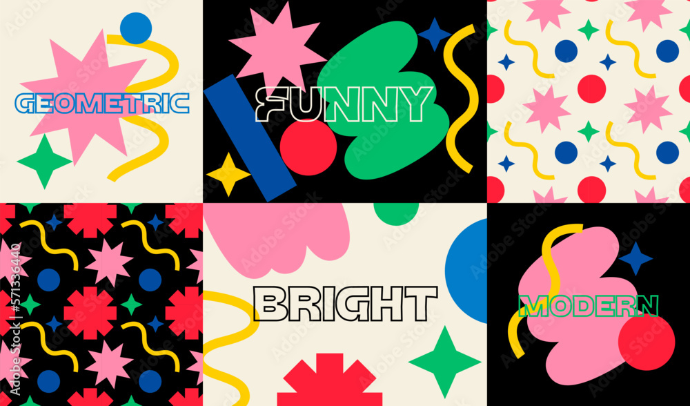Poster Hand Drawn Bright Abstract Shapes. Funny Cute Comic Geometric Patterns. Different Colored Vector Compositions in Cartoon Style. Modern Flat Design of Posters and Fabric. Funny Contemporary Art