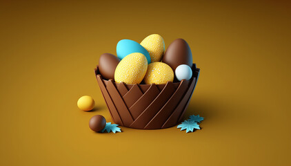 Time for chocolate Easter eggs in a basket, colorful and yummy