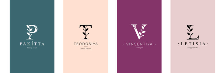 Bundle of Botanical Minimalistic Logos. Monogram of letters P, T, V, L.