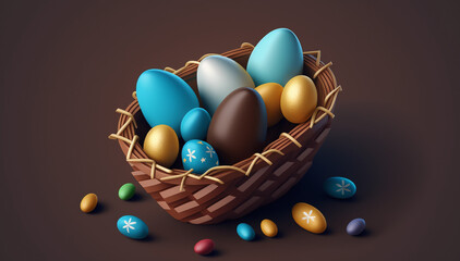 Time for chocolate Easter eggs in a basket, colorful and yummy