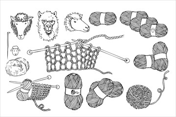 Knitting needle and thread. Knitwear handcraft tools and yarn fiber set. Hobby knit. Hand drawn vector illustration