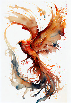 A watercolor drawing of a phoenix being reborn. Generative AI.