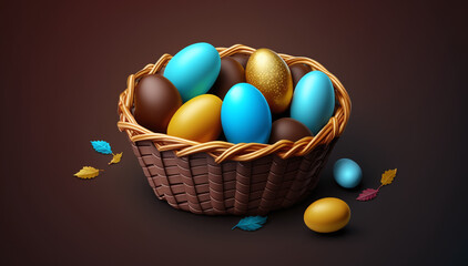 Time for chocolate Easter eggs in a basket, colorful and yummy