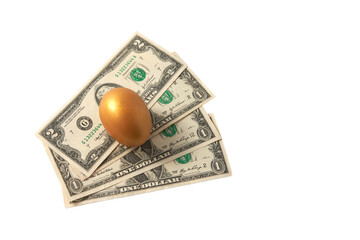 A single gold egg against a background of small money bills of 1 and 2 U.S. dollars on a white background. Copy space.  PNG. © ROMAN DZIUBALO
