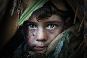 A young boy with a scared face hides in a hut. Generative ai
