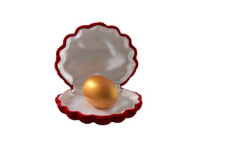 Gold Hen Egg in an elegant jewelry case from red velvet on a white background. Copy space. PNG.