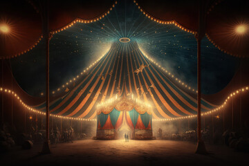 Image from inside a large circus illuminated by beautiful lights in its most incredible presentation.