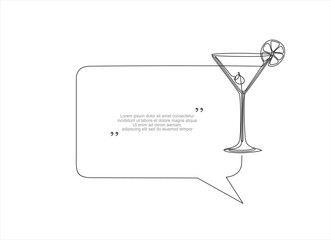 Continuous one line drawing of Martini glass with olive and speech bubble. Trendy line art vector on a white background. Vector illustration.