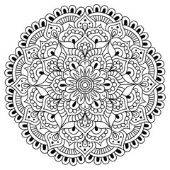 Circular pattern in form of mandala for Henna, Mehndi, tattoo, decoration. Decorative ornament in ethnic oriental style. Coloring book page.