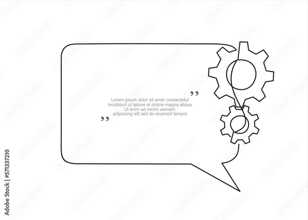 Poster continuous one line drawing of gears and speech bubble. trendy line art vector on a white background