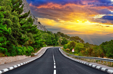 Picturesque landscape of a mountain road in the Crimean mountains on the southern coast of Crimea in Ukraine