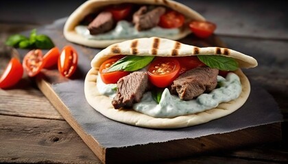  two pita breads filled with meat and vegetables on a cutting board next to a knife and a wooden board with a cutting board.  generative ai