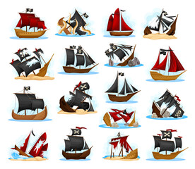 Wreckage of Pirate Ship or Vessel with Ripped Black and Red Sail Big Vector Set