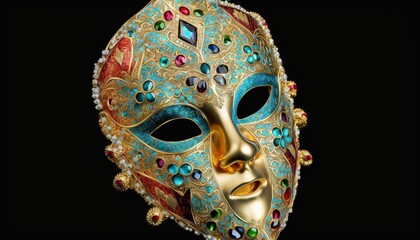  a mask with jewels and jewels on the side of it, on a black background, with a black background and a gold mask with jewels on the bottom half of the mask.  generative ai
