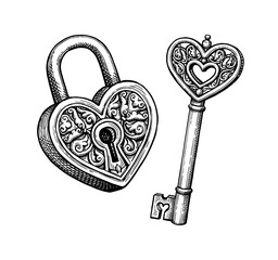 Vintage padlock and key ink sketch.