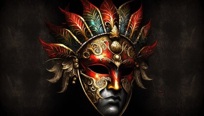  a red and gold mask with feathers on it's head and a black background with a black background and a black background with a black background with a red and gold mask.  generative ai