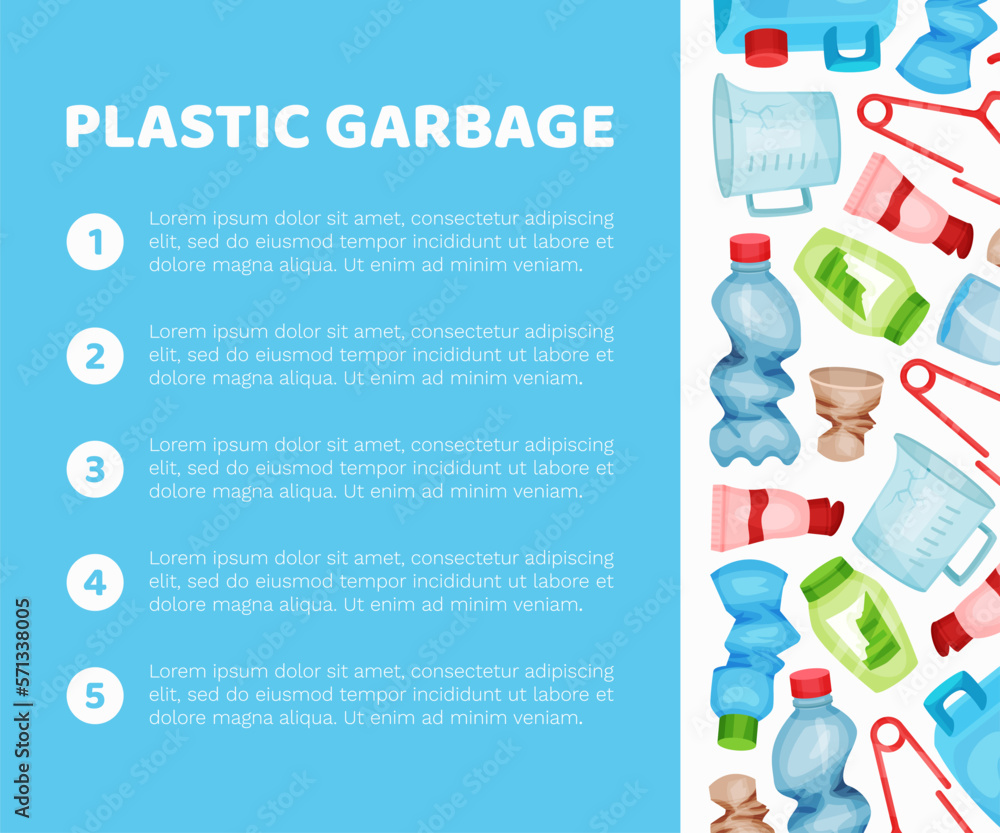 Poster plastic garbage and trash banner design with bottle and objects vector template