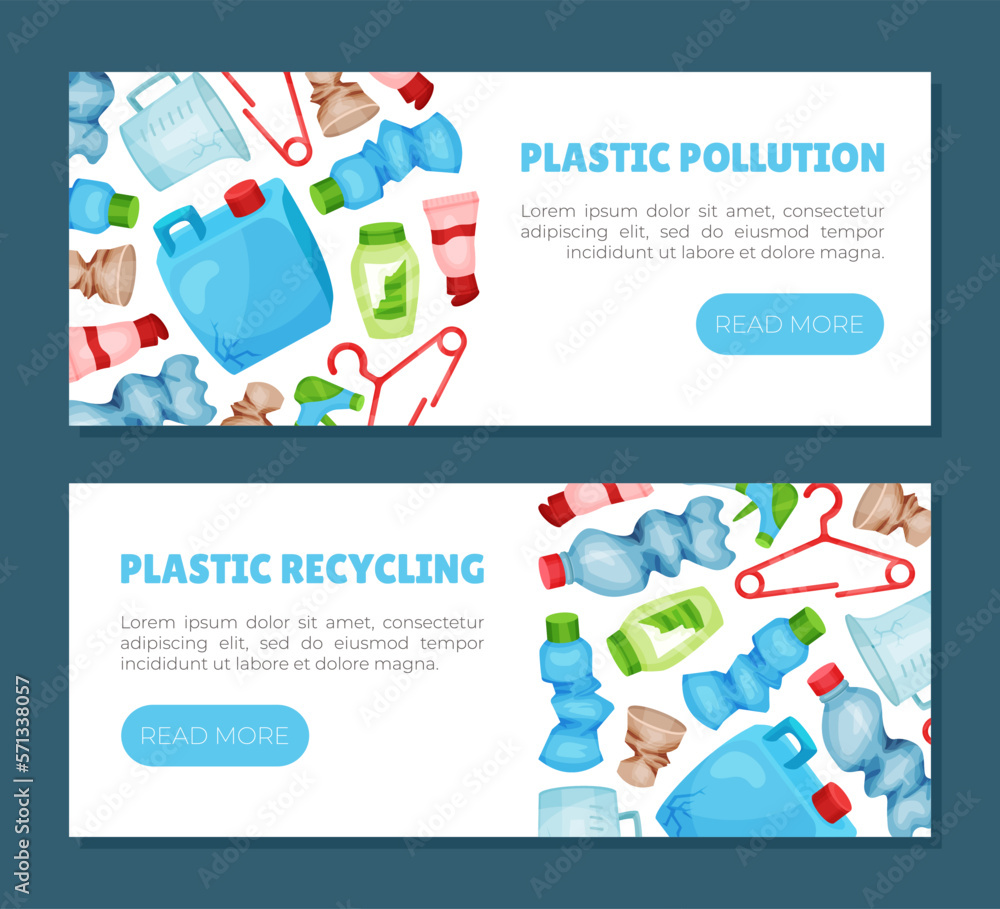 Poster plastic garbage and trash banner design with bottle and objects vector template