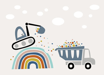 Rainbow construction site. Illustration of the excavator loads confetti from rainbow on the dump truck