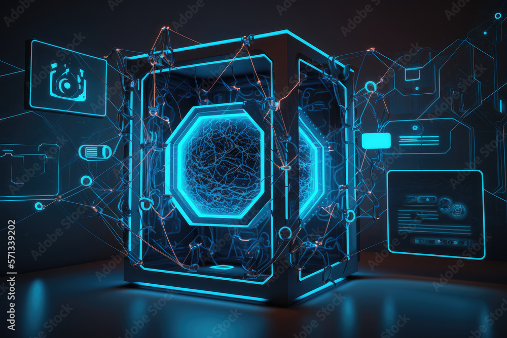 Poster blue futuristic networking technology. illustration ai generative