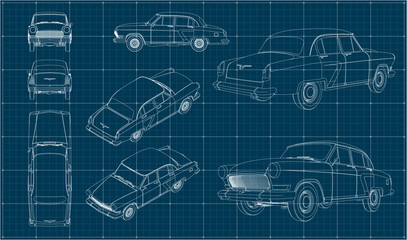 Soviet retro car. Car in three projections with perspective and isometry. Scale model of transport. Blueprint.
