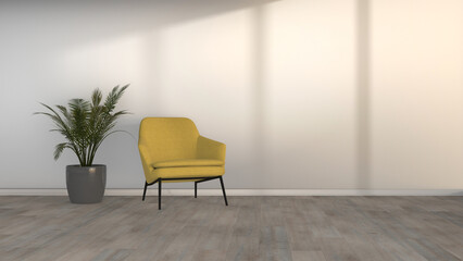 Living room interior wall mockup with yellow armchair and green plant in the pot on empty white wall background with shadows of window. 3d rendering