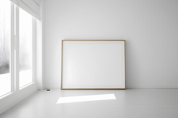 Minimalist room, large blank frame, light wood frame, white luxury style inside studio, white walls, overexposed - created with AI