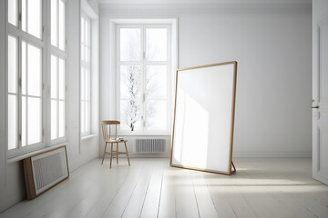 Minimalist room, large blank frame, light wood frame, white luxury style inside studio, white walls, overexposed - created with AI