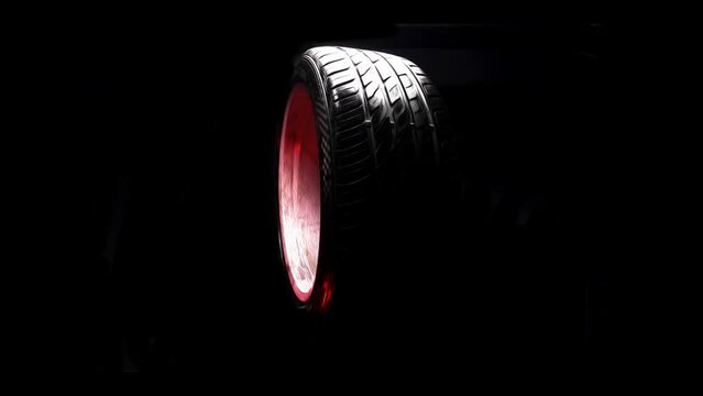 video from photos old car wheels titanium rims long exposure video on dark background spinning motion simulation	