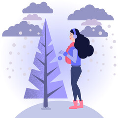 Girl decorates Christmas tree. illustration in flat style on white background