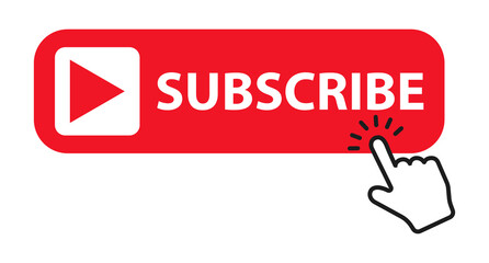Red button subscribe of channel with hand cursor. Subscribe button in flat style. Label subscribe for video channel for website