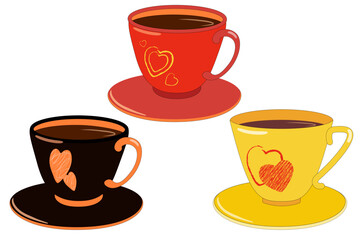 Set of beautiful porcelain coffee cups and saucers decorated with hearts. Color isolated vector illustration.