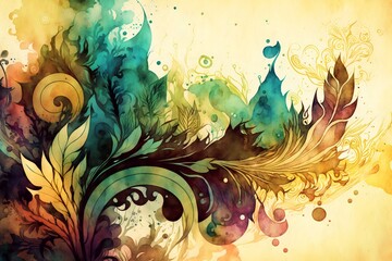 Colourful and abstract leaf background painted in watercolor style