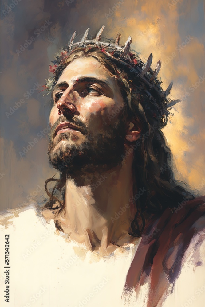 Wall mural Jesus Christ wearing a crown of thorns. Generative AI.