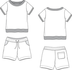 Infant Baby Toddler Raglan Fleece Sweatshirt Shorts Set Mockup Sketch Template Technical CAD Illustration