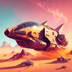 Fototapeta na wymiar Artistic illustration of a fast spaceship in futuristic landscape
