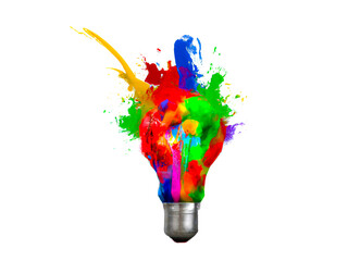 Colorful lightbulb made from paint mix on white background – Generative AI Illustration
