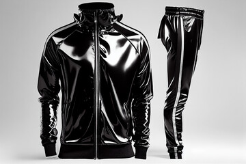 tracksuit black shiny jacket hoodie and pant. Track jacket sport nylon full zip isolated on white. Outer layer garment for travel.