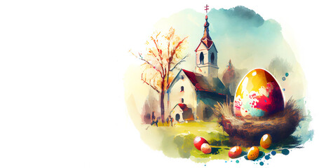 Watercolor painting of Easter theme as landscape with orthodox church on Easter Sunday and bird nest with pained eggs generative AI art banner with copy space	