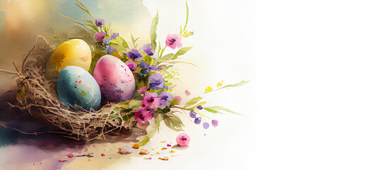 Watercolor painting of Easter holiday theme as bird nest with flowers and pained eggs on generative AI art	

