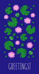 Obraz premium Greeting card. Illustration of the lotus flowers, leaves and frogs