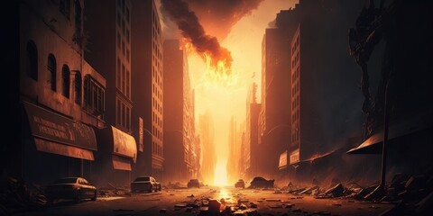 A burned city street with no life generative ai apocalyptic scene	
