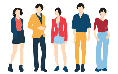 Fototapeta premium Set of young men and women, different colors, cartoon character, group of silhouettes of standing business people, students, the design concept of flat icon, isolated on white background