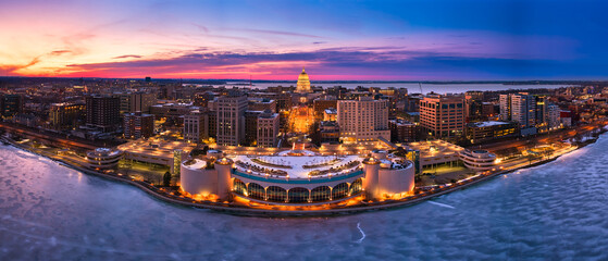 Sunset behind a frozen Madison, WI