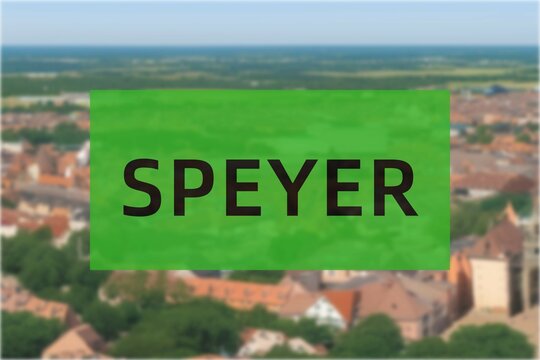 Speyer: Der Name der deutschen Stadt Speyer im Bundesland Rheinland-Pfalz vor einem Hintergrundbild