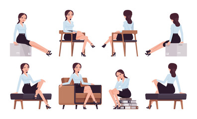 Attractive effective businesswoman set, furniture sitting poses. Office girl, female manager in formal pencil skirt for work occasion. Vector flat style cartoon character isolated, white background