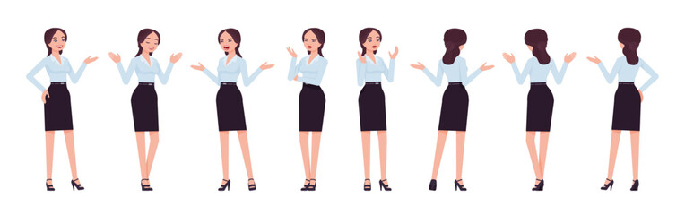 Attractive effective businesswoman set, talk, scream, chat poses. Office girl, female manager in formal pencil skirt for work occasion. Vector flat style cartoon character isolated, white background