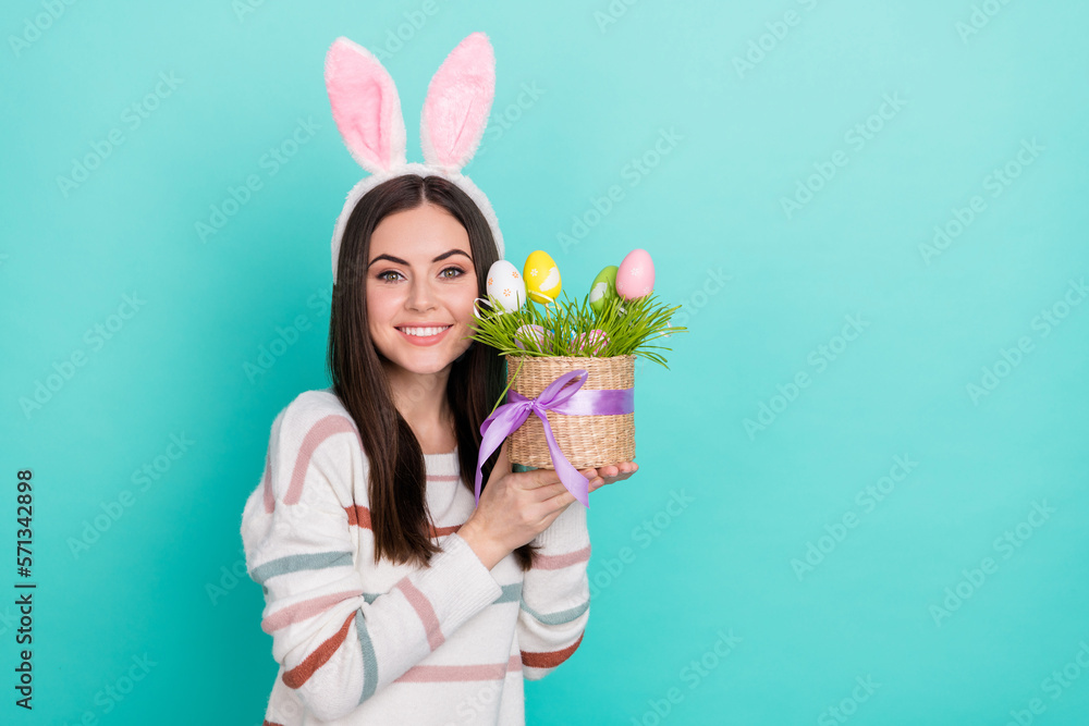 Sticker photo of sweet nice attractive lady hold bouquet flowers pot wear rabbit ears striped sweater isolat